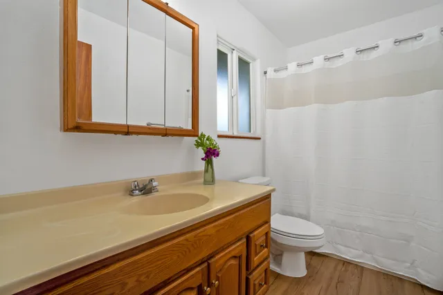 a bathroom with a sink a toilet and a mirror
