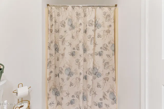 a bathroom with a shower curtain and a curtain