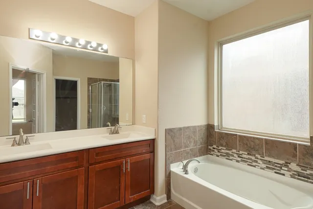 a bathroom with a bathtub and a double vanity sink mirror