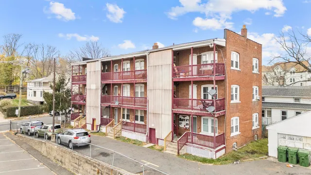 a front view of a multi story building