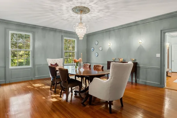 a view of a dining room with furniture window and wooden floor