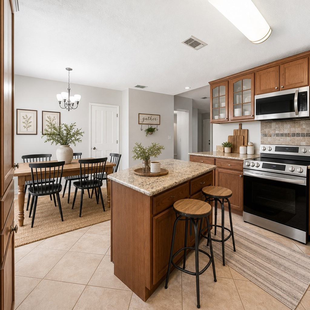 21514 Slippery Creek Lane Spring, TX 77388 - Photo 5 of 17 The kitchen and dining area are styled in a warm country-modern look, showcasing clean lines, natural textures, and bright, open flow. The Virtual staging highlights how easily the space supports cooking, dining, and gathering, helping buyers envision everyday comfort and effortless entertaining.