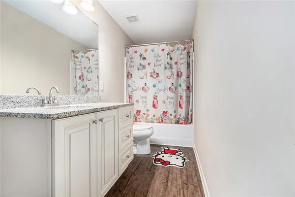 a bathroom with a sink a vanity and a shower curtain