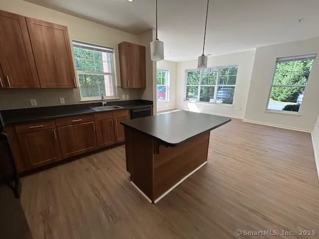 a kitchen with stainless steel appliances granite countertop wooden cabinets a stove a sink and a window