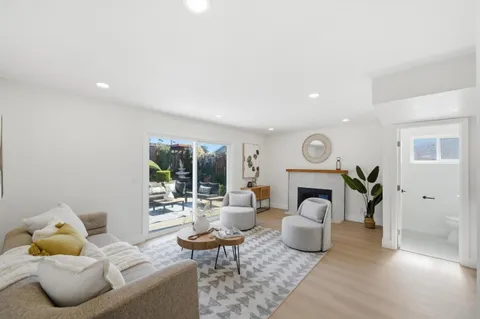 a living room with furniture a fireplace and a potted plant