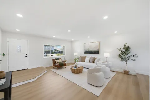 a living room with furniture and a potted plant