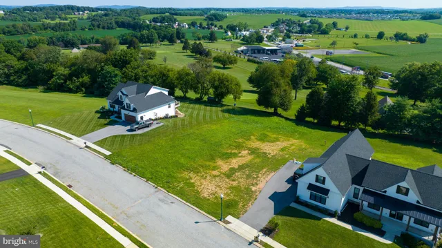 an aerial view of a residential houses with outdoor space and trees