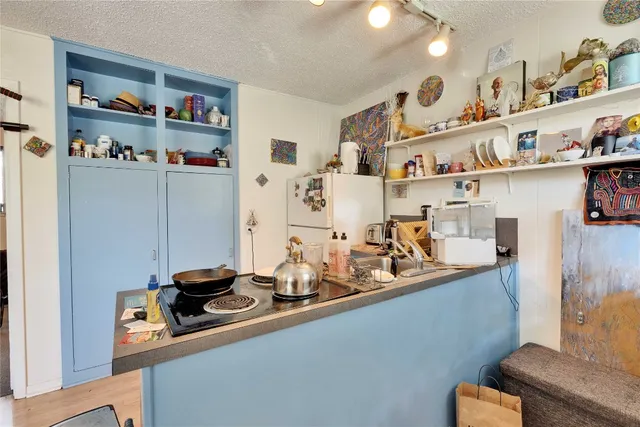 a room with furniture a rug and a book shelf
