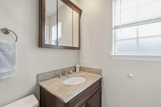 a garden view with a seating space