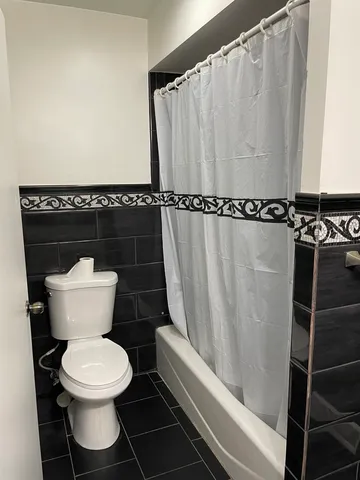 a bathroom with a toilet and a shower