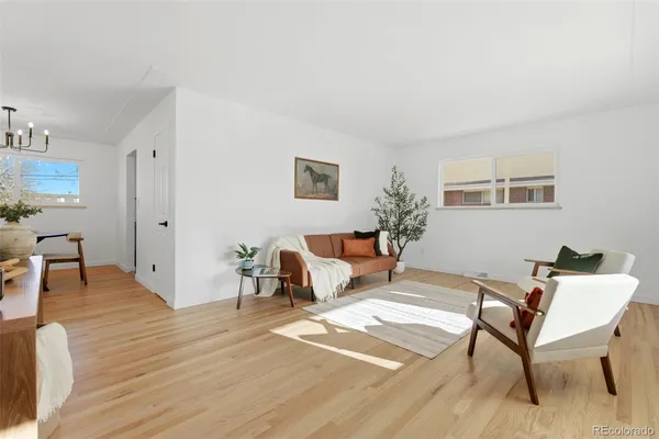 a living room with furniture and a table