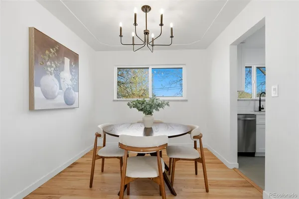 a view of a dining room with furniture wooden floor and a chandelier