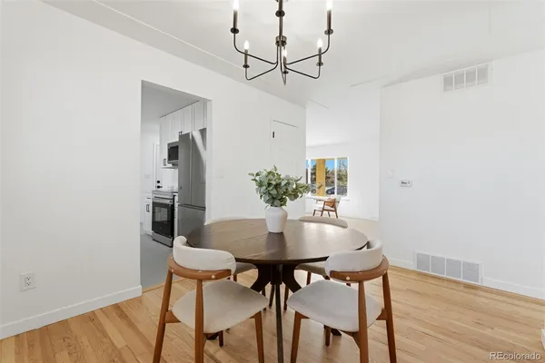 a view of a dining room with furniture and wooden floor