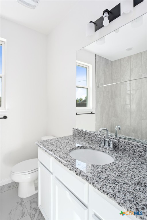 1013 Lago Azul Lane Temple, TX 76504 - Photo 23 of 32 a bathroom with a granite countertop sink a toilet and a mirror