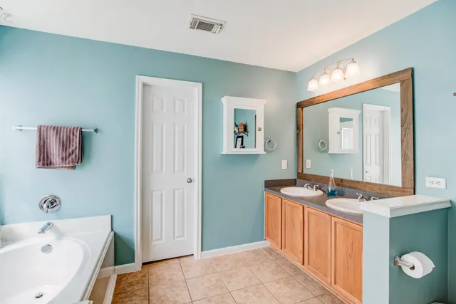a bathroom with a sink a mirror and a bathtub