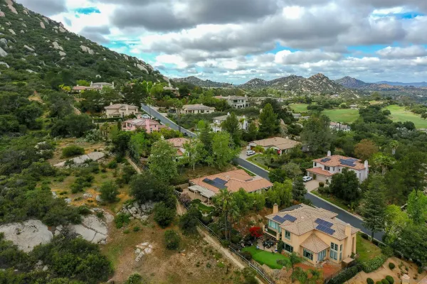an aerial view of residential houses with outdoor space and street view