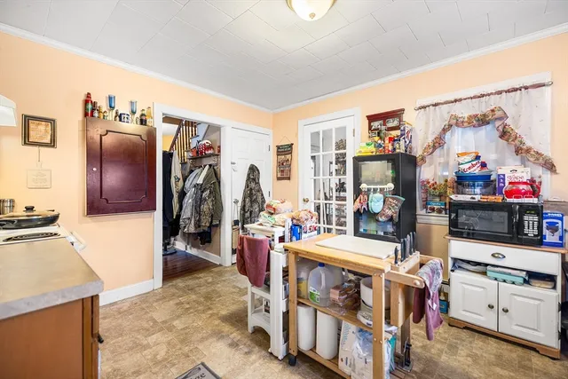 a storage room with cabinets