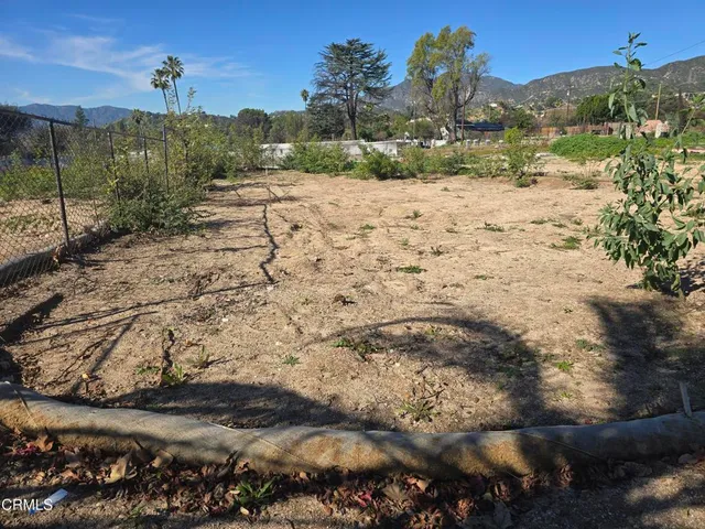 a view of a dry yard with wooden fence