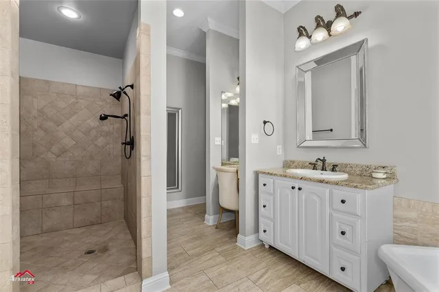 a bathroom with a granite countertop sink mirror and shower