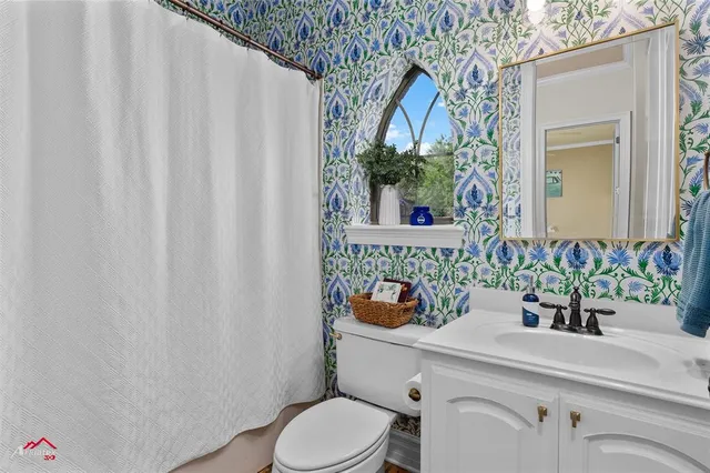 a bathroom with a toilet a sink and mirror