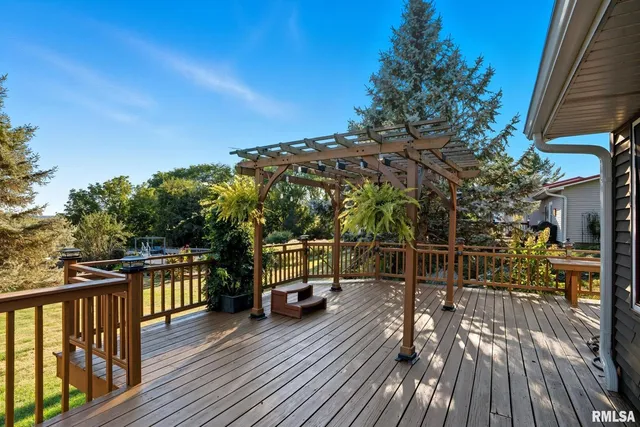 a backyard of a house with plants and large tree