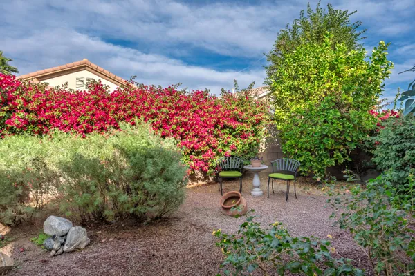 a backyard of a house with lots of green space and a fountain