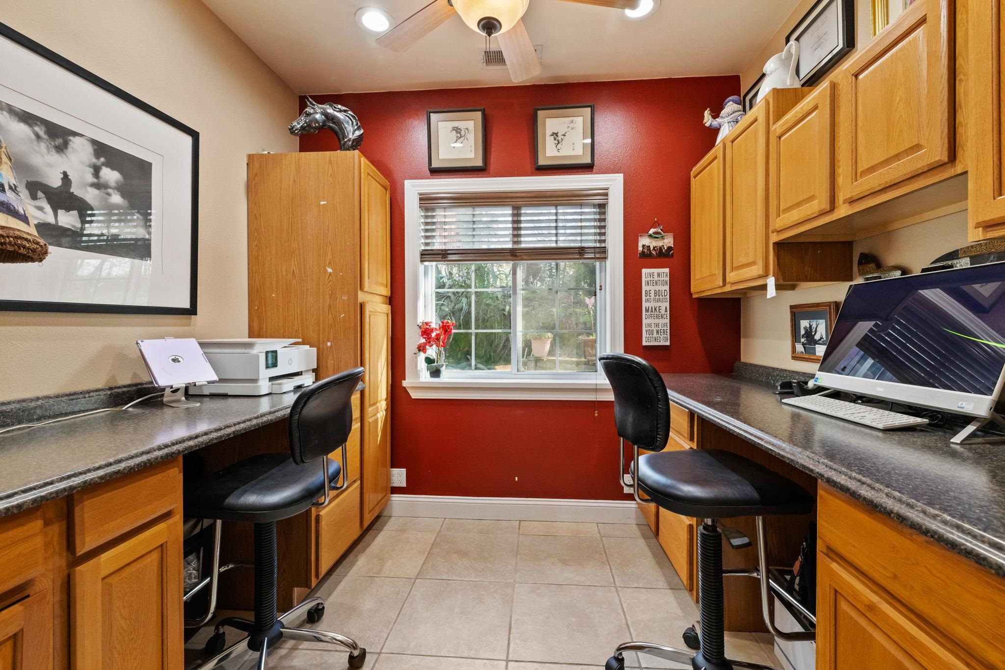 10177 Pulpit Rock Road Jamestown, CA 95327 - Photo 20 of 60 Office featuring built in desk, light tile patterned floors, and ceiling fan