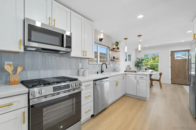 a kitchen with a sink stove and microwave