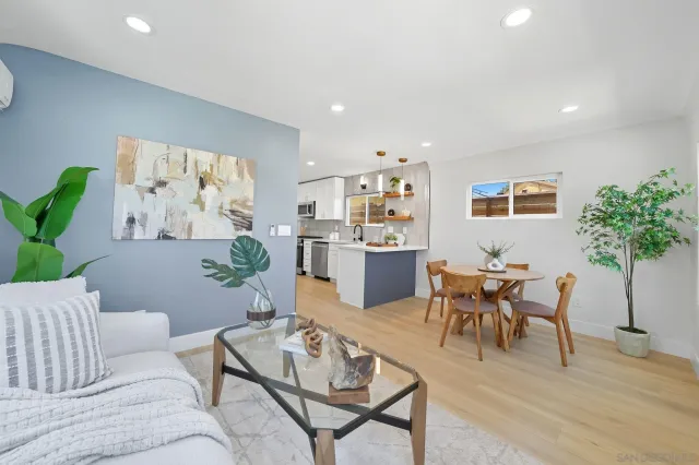 a living room with furniture and a potted plant