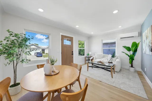 a living room with furniture and a potted plant