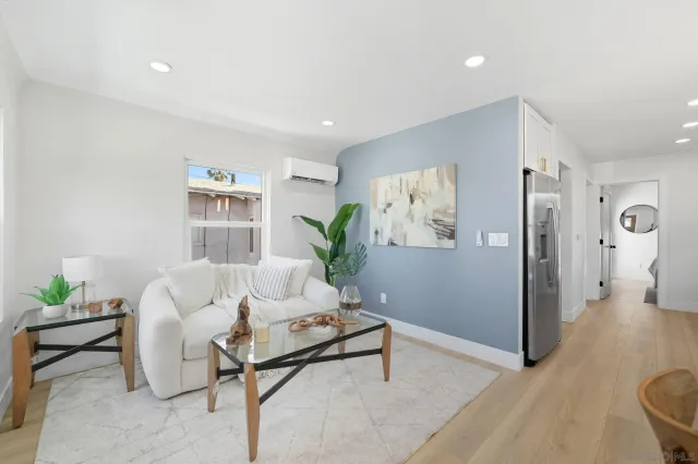 a living room with furniture and a potted plant