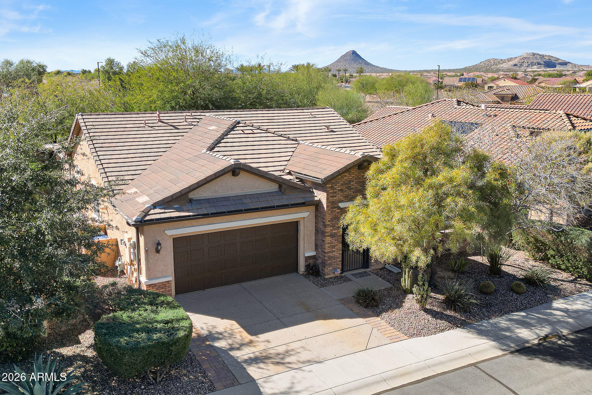 7337 West Silver Spring Way Florence, AZ 85132 - Photo 4 of 60 a front view of a house with a yard and mountain view in back