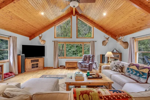 a view of a dining room with furniture