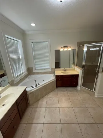 a bathroom with a tub sink and mirror