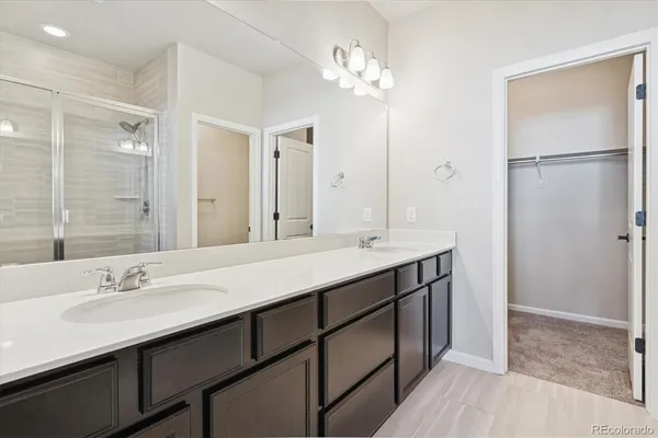 a bathroom with a double vanity sink mirror and shower
