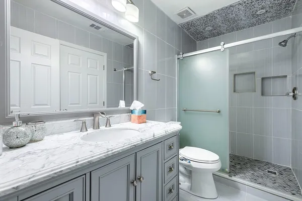 a bathroom with a granite countertop sink a toilet and shower