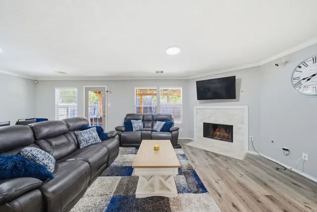 a living room with furniture a flat screen tv and a fireplace