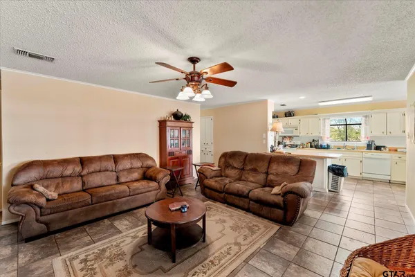 a living room with furniture ceiling fan and a rug