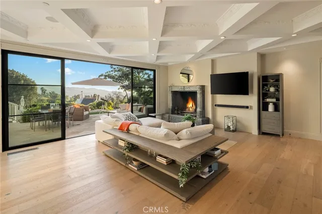 a living room with fireplace furniture and a flat screen tv