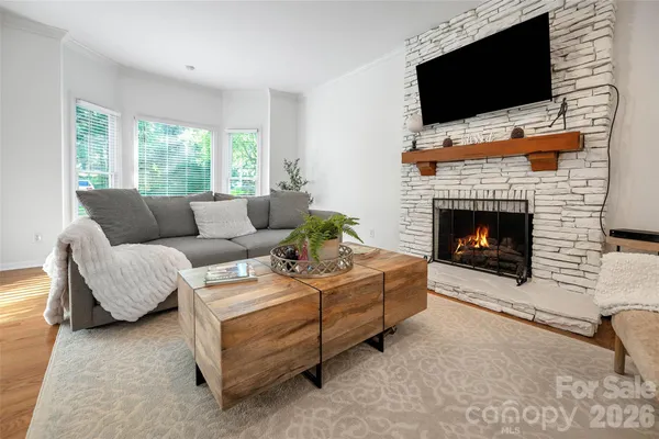 a living room with furniture a flat screen tv and a fireplace