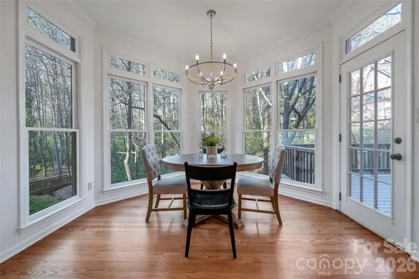 a view of a dining room with furniture window and wooden floor