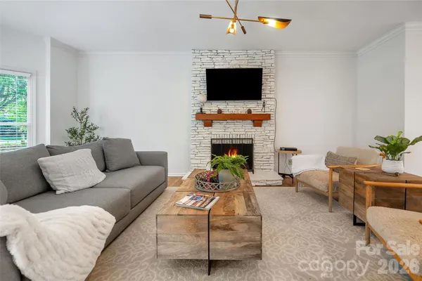 a living room with furniture a fireplace and a flat screen tv