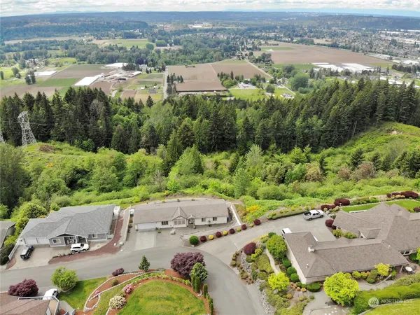 an aerial view of residential houses with outdoor space and trees