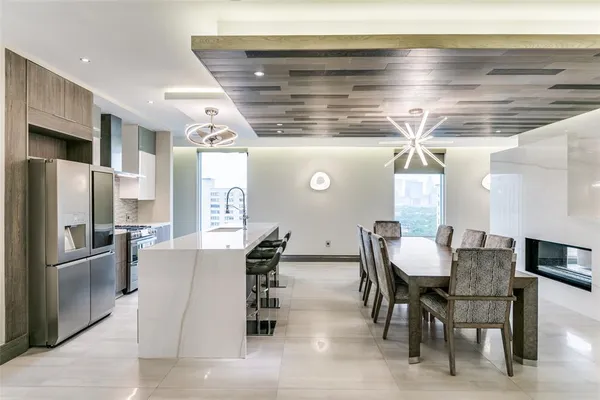 a view of a dining room with furniture