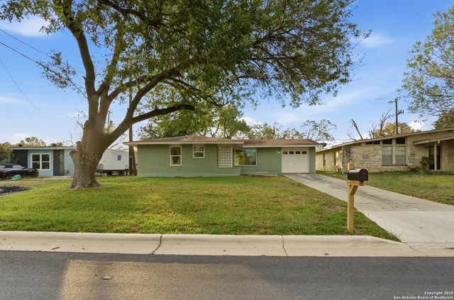 a view of a yard in front of a house with a large tree