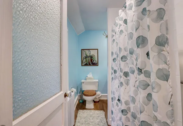 a bathroom with a toilet and a shower curtain