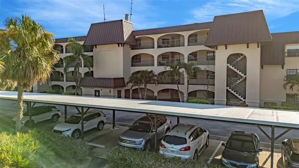 a view of a park with large trees