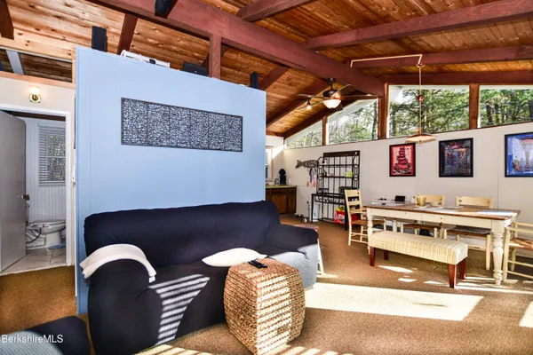 a view of a dining room with furniture