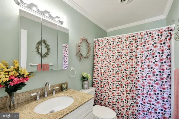a bathroom with a granite countertop toilet a sink a mirror and a shower