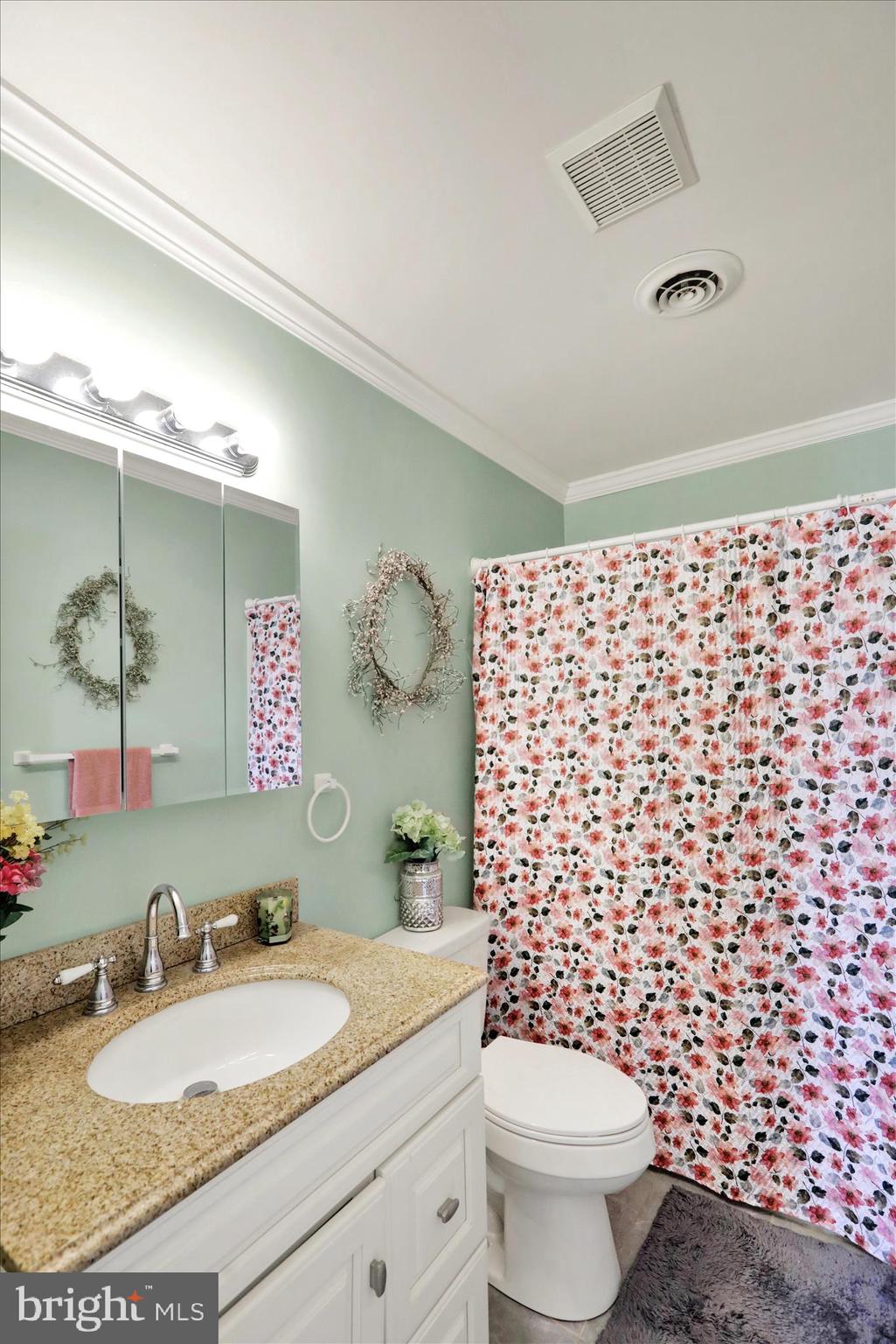 59 Winchester Court Reading, PA 19606 - Photo 18 of 39 a bathroom with a granite countertop toilet a sink a mirror and a shower